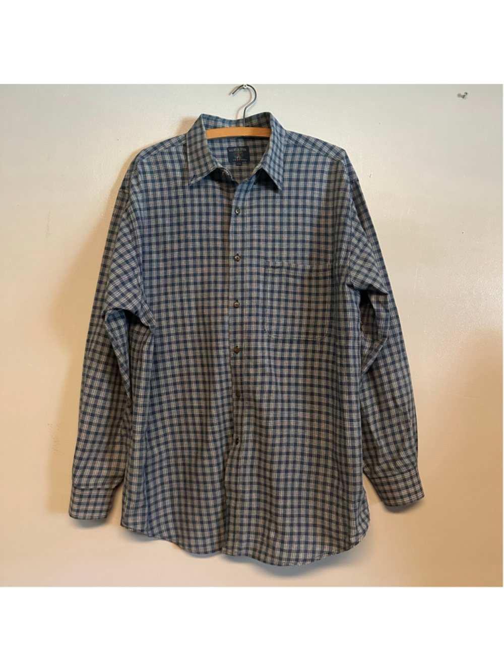 Vintage Salmon River Traders Plaid Button Down Shirt Blue White Mens Size Large